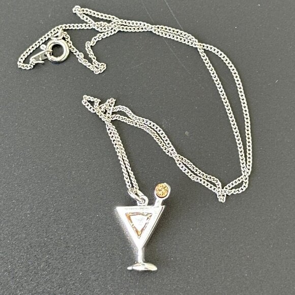 Cocktail Drink Martini Glass Pendant Necklace Silver Tone 16 Inch Necklace - Picture 2 of 4